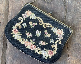 Vintage 1930's Floral Pattern Needlepoint Evening Purse with Gold Chain