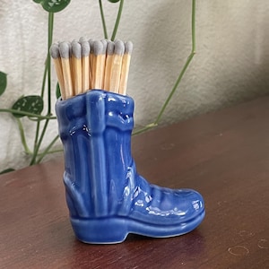 Blue Cowboy Boot Ceramic Matchstick Holder, Boot Match Stick Holder