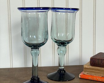 Set of Two Handblown Mexican Glass Goblet Drinking Glasses
