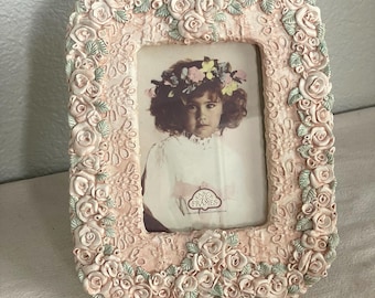 Cornice per foto in ceramica rosa Coquette vintage anni &#39;80 3,5x5&quot;