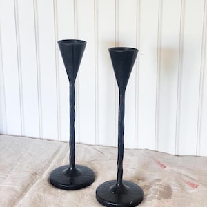 Set of 2 Petaluma Brutalist Forged Iron Candlestick Holders, 2 Cast Iron Brutalist Candlestick Holders, Black and Gold Candlestick Holders