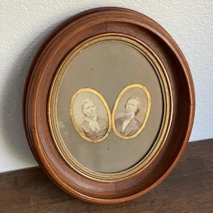 Antique Framed Victorian Woman and Man Portrait - Oval Wood Frame 12x13.75"