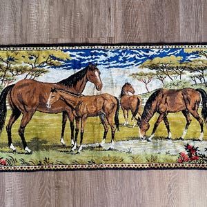 Vintage Tapestry, Mid Century Horses Landscape Theme Velvet Tapestry, Horse Tapestry, Horse Scene, Horse Wall Hanging Art Equine Equestrian