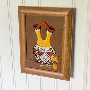 Vintage 1970s Southwest Pottery Framed Crewel Embroidery Wall Art