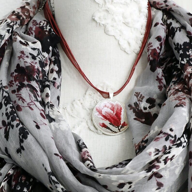 Floral pendant kit Pendant kit Cross stitch pendant Pendant with embroidery Spring pendant kit Handmade pendant kit Jewelry making kit