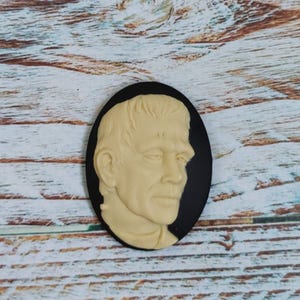 Op de afbeelding: Een zwarte cameo met een wit gesculpteerd portret van een mannengezicht. De cameo is ovaalvormig en heeft een gladde, glanzende afwerking.