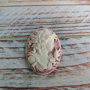 May include: A white cameo with a detailed profile of a woman with a floral crown and a bird. The cameo is set in a red oval frame.