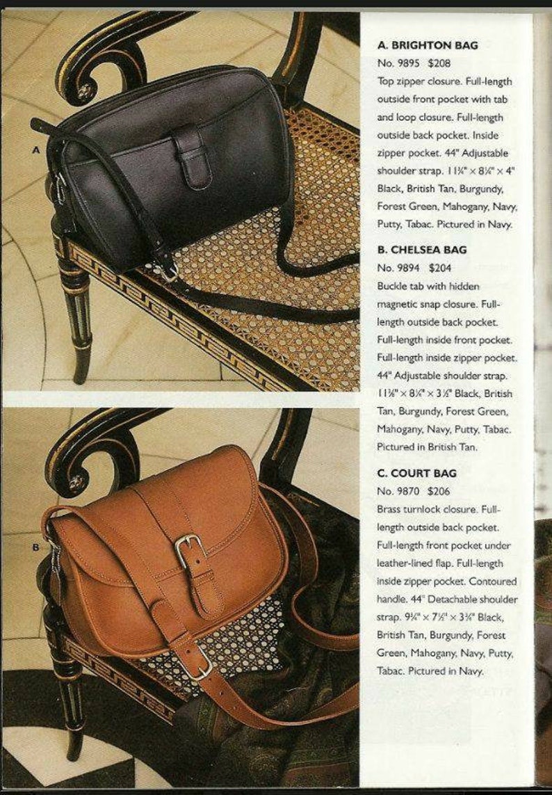 May include: Three leather shoulder bags in different colors and styles. The top bag is black with a zipper closure and a long strap. The middle bag is brown with a buckle closure and a long strap. The bottom bag is brown with a turnlock closure and a long strap. Each bag has multiple pockets and is available in a variety of colors.