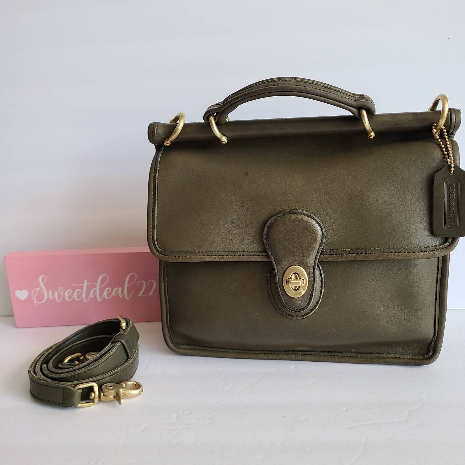 Vintage Coach Olive Green Leather Willis Top Handle Satchel
