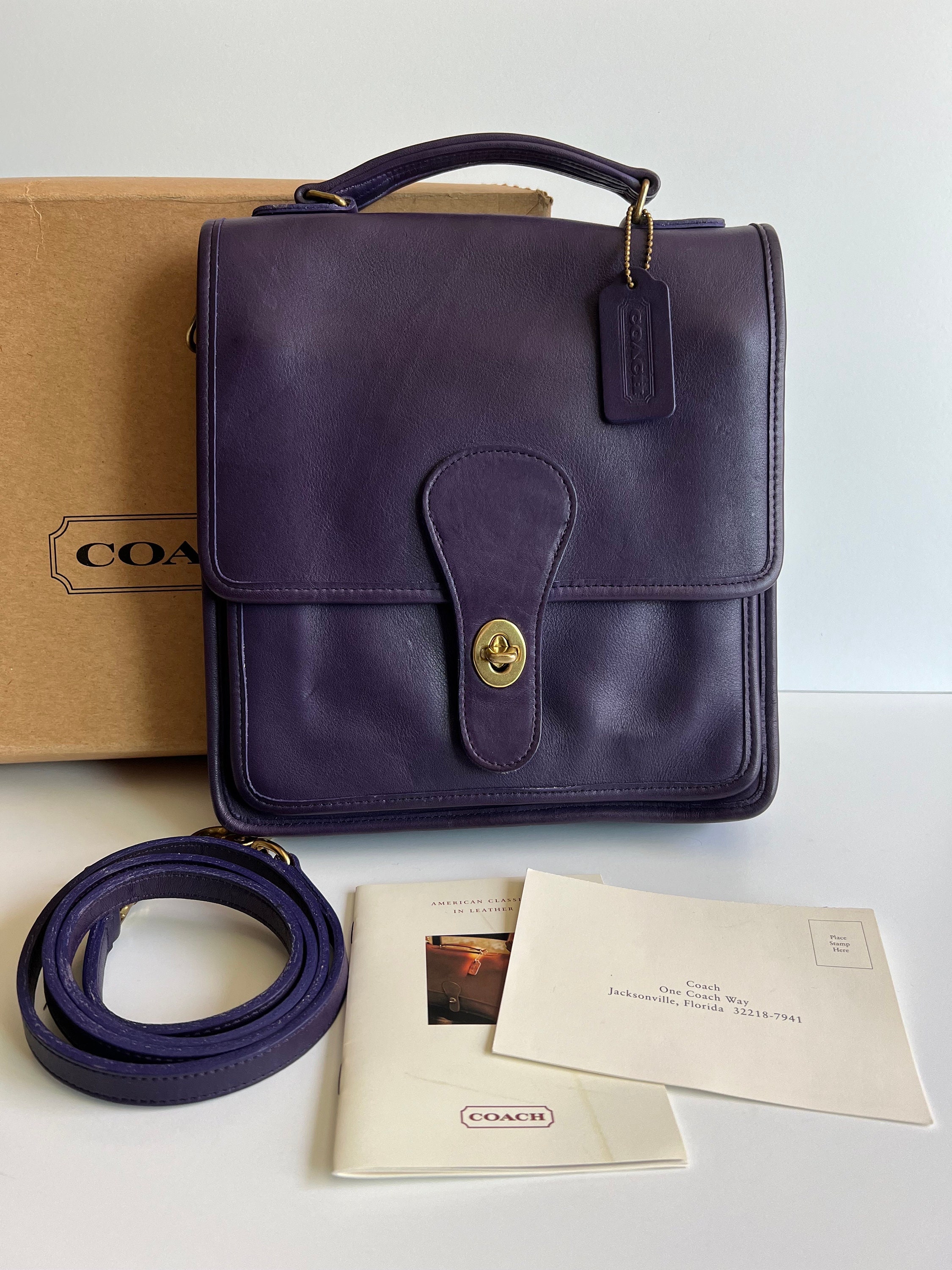 Vintage Coach Purple Station Bag With Original Box and Pamphlets