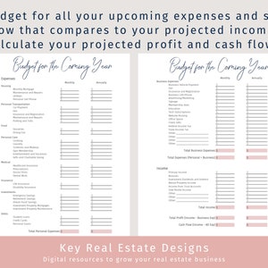 May include: A printable budget worksheet for the coming year, with sections for personal and business expenses and income. The worksheet is designed to help users track their finances and calculate their projected profit and cash flow.