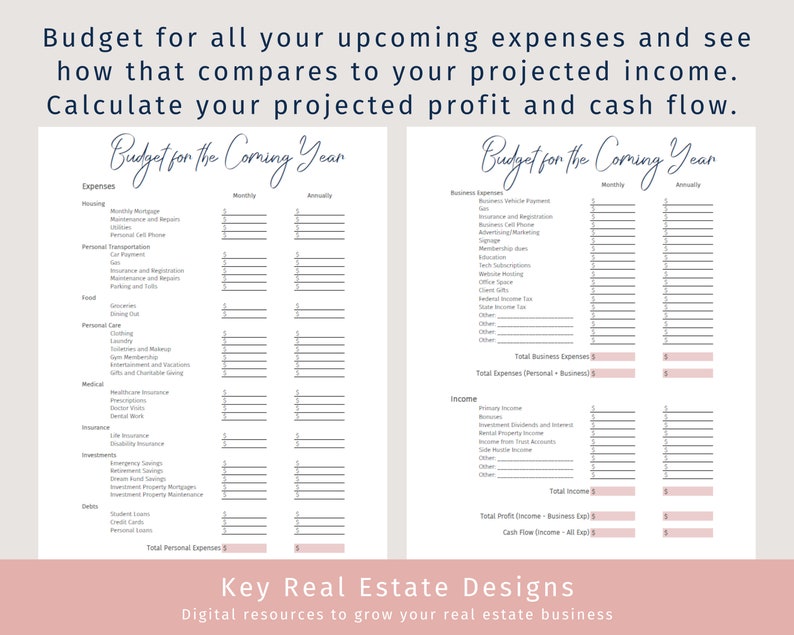 May include: A printable budget worksheet for the coming year, with sections for personal and business expenses and income. The worksheet is designed to help users track their finances and calculate their projected profit and cash flow.