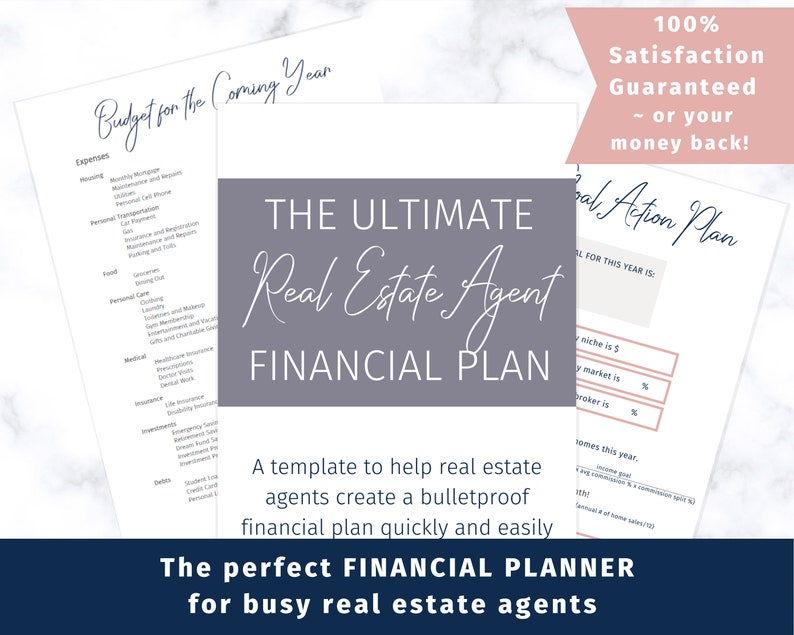 May include: A purple and white printable financial planner for real estate agents. The text on the page reads "The Ultimate Real Estate Agent Financial Plan" and "A template to help real estate agents create a bulletproof financial plan quickly and easily".