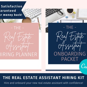 May include: A pink and blue digital download kit for hiring and onboarding a real estate assistant. The kit includes a hiring planner and an onboarding packet. The text "The Real Estate Assistant Hiring Kit" is at the bottom of the image. The text "Hire and onboard your new real estate assistant with confidence!" is below the kit title.