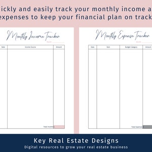 May include: A printable monthly income and expense tracker with a white background and black lines. The text "Monthly Income Tracker" and "Monthly Expense Tracker" is written in blue cursive font. The text "Total Income" and "Total Expenses" is written in gray at the bottom of the page.