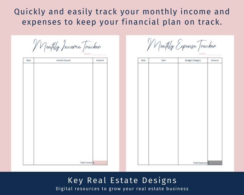May include: A printable monthly income and expense tracker with a white background and black lines. The text "Monthly Income Tracker" and "Monthly Expense Tracker" is written in blue cursive font. The text "Total Income" and "Total Expenses" is written in gray at the bottom of the page.