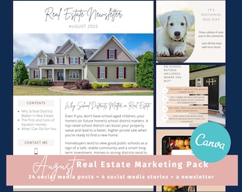 August Real Estate Marketing Kit: Social Media Posts, Stories, Newsletter (Canva Templates Digital Download)