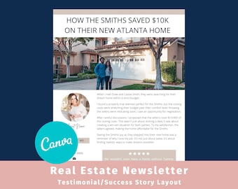 Testimonial / Success Story Real Estate Newsletter Template: A customizable Canva real estate template for real estate agents and brokers