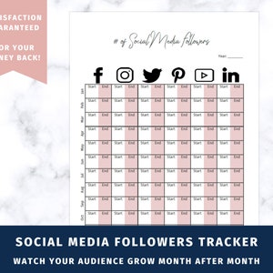 May include: A printable social media followers tracker with a pink and black color scheme. The tracker includes a grid with columns for each month of the year and rows for different social media platforms, including Facebook, Instagram, Twitter, Pinterest, YouTube, and LinkedIn. The text "# of Social Media Followers" is at the top of the tracker. The text "Satisfaction Guaranteed - Or Your Money Back!" is in a pink box at the top left corner of the tracker. The text "Social Media Followers Tracker" is at the bottom of the tracker. The text "Watch Your Audience Grow Month After Month" is below the tracker.