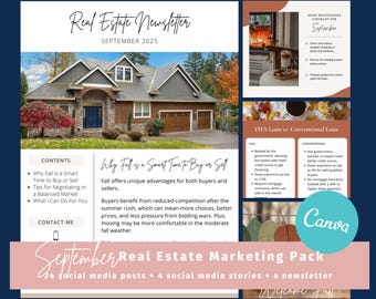 September Real Estate Marketing Kit: Social Media Posts, Stories & Newsletter (Canva Templates Digital Download)
