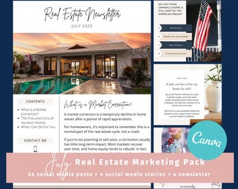 July Real Estate Marketing Kit: Social Media Posts, Stories, Newsletter (Canva Templates Digital Download