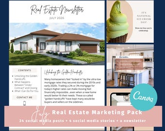 July Real Estate Marketing Kit: Social Media Posts, Stories, Newsletter (Canva Templates Digital Download