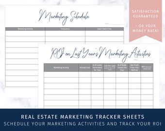 Real Estate Marketing Tracker Sheets: Simple real estate agent printables to track your marketing schedule and ROI on marketing activities