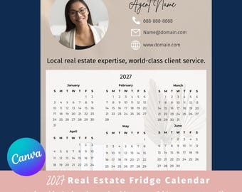 Calendrier magnétique immobilier 2027 : modèle Canva personnalisable à télécharger.