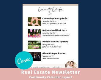 Community Calendar Real Estate Newsletter Template: A customizable Canva real estate template for real estate agents and brokers