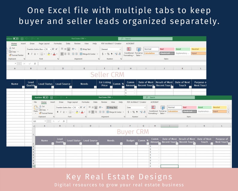 Peut inclure: Une capture d'&eacute;cran d'une feuille de calcul Excel avec deux onglets intitul&eacute;s "Seller CRM" et "Buyer CRM". Chaque onglet comporte des colonnes pour le nom, la qualit&eacute; du prospect, le statut du prospect, la source du prospect, les besoins, le prix de vente estim&eacute;, la commission, le pourcentage de commission, le montant, la date du dernier contact, le r&eacute;sultat du dernier contact, la date du prochain contact et le but du prochain contact.
