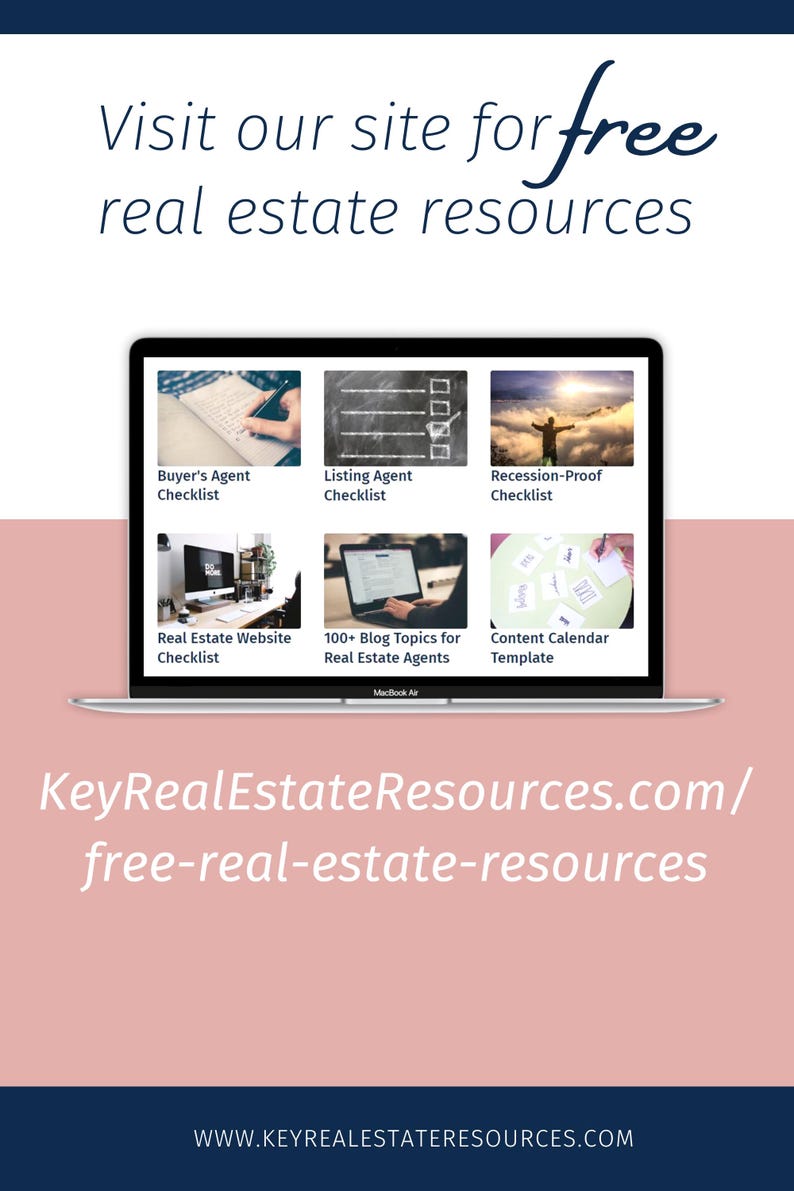 May include: A laptop computer screen displaying a website with the text "KeyRealEstateResources.com/free-real-estate-resources" and a grid of six images with titles such as "Buyer's Agent Checklist", "Listing Agent Checklist", and "Recession-Proof Checklist".