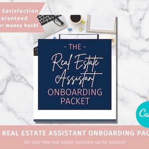 Peut inclure: Un guide d'intégration imprimable bleu et blanc pour les assistants immobiliers. Le guide comprend le texte "The Real Estate Assistant Onboarding Packet" et "Set your new real estate assistant up for success!"