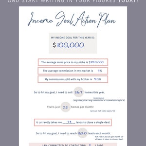 May include: A pink and white infographic titled "Income Goal Action Plan" with a goal of $100,000. The infographic includes calculations for the number of homes to sell and leads to contact to reach the goal.