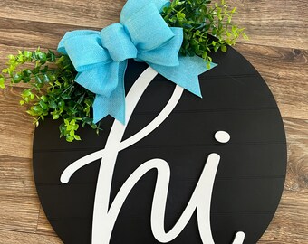 Hi Wooden wreath with greenery,Door Hanger with bow, hi door wreath with boxwood greenery, round wreath wood sign, farmhouse wreath sign