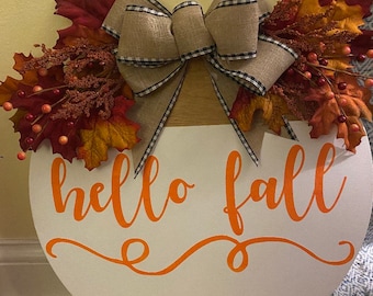 Hello fall front door sign, hello fall front door wreath, fall sign wreath, autumn decor, autumn wreath, autumn sign, orange wreath, leaves
