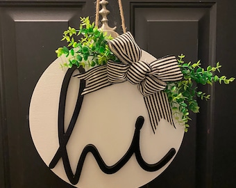 Hi Wooden wreath with greenery,Door Hanger with bow, hi door wreath with boxwood greenery, round wreath wood sign, farmhouse wreath sign