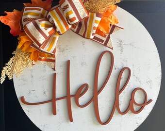 Hello fall front door sign, hello fall front door wreath, fall sign wreath, autumn decor, autumn wreath, autumn sign, orange wreath, leaves