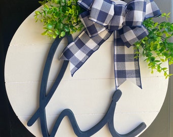 Hi Wooden wreath with greenery,Door Hanger with bow,hi navy door wreath with boxwood greenery, round wreath wood sign, farmhouse wreath sign