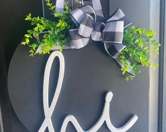 Hi Wooden wreath with greenery,Door Hanger with bow, hi door wreath with boxwood greenery, round wreath wood sign, farmhouse wreath sign