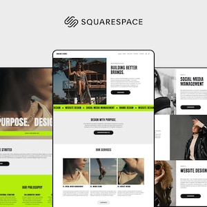 May include: Squarespace website design examples on a light gray background. The image shows three website mockups with text like "Building Better Brands" and "Website Design". The Squarespace logo is at the top.
