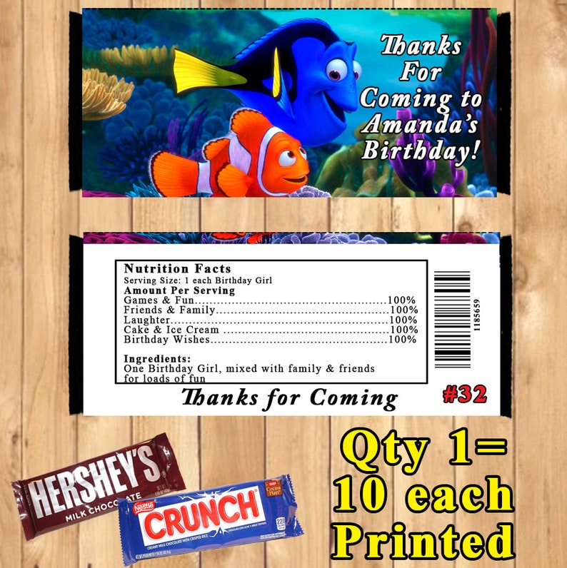 Finding Dory Finding Nemo Printed Birthday 10 ea Candy Bar Wrappers Personalized Custom Made