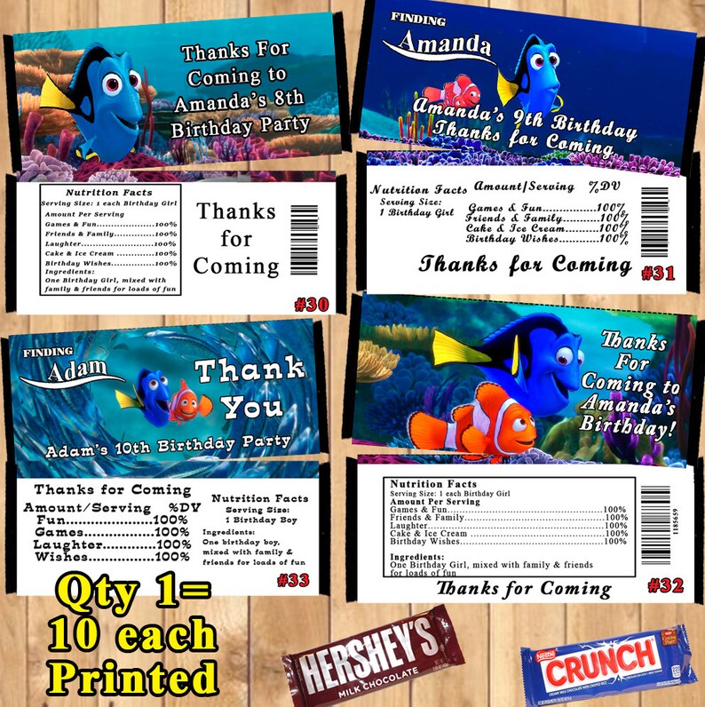 Finding Dory Finding Nemo Printed Birthday 10 ea Candy Bar Wrappers Personalized Custom Made