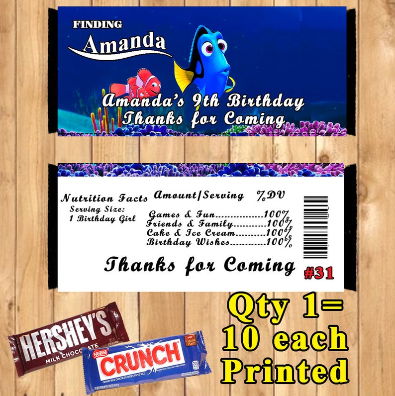 Finding Dory Finding Nemo Printed Birthday 10 ea Candy Bar Wrappers Personalized Custom Made