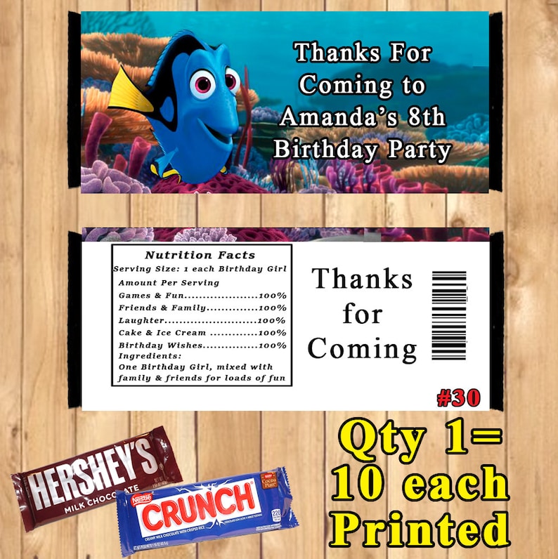 Finding Dory Finding Nemo Printed Birthday 10 ea Candy Bar Wrappers Personalized Custom Made