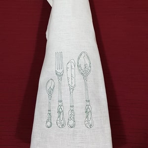 Linen tea towel, tea towel, kitchen towel with elegant embroidery