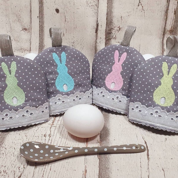 Embroidered egg warmers set of 4 with rabbit motif, embroidery