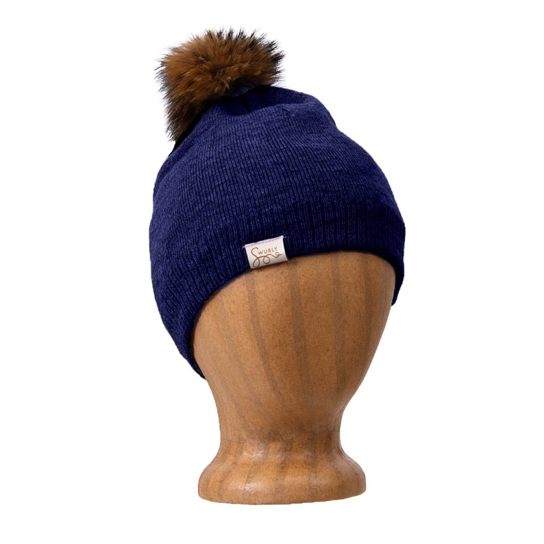 Silk Lined Knit Beanies with Removable Pom Pom Navy