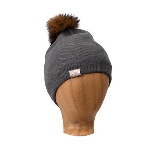 Silk Lined Knit Beanies with Removable Pom Pom Grey
