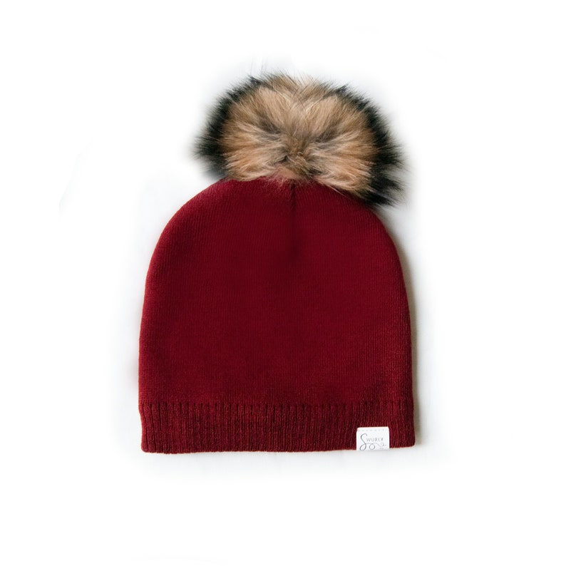 Silk Lined Knit Beanies with Removable Pom Pom Wine