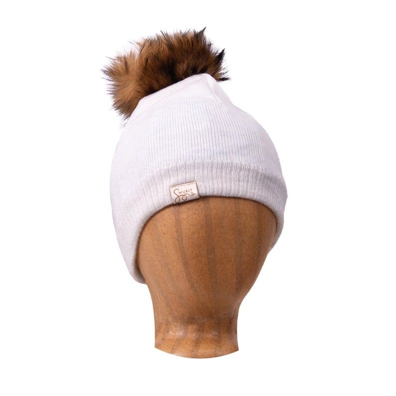 Silk Lined Knit Beanies with Removable Pom Pom White/White Lining